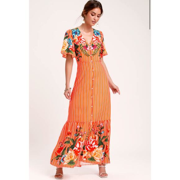 Lulus Size Small New Roam the Riviera Orange Multi Striped Button-Up Maxi Dress - Picture 1 of 7